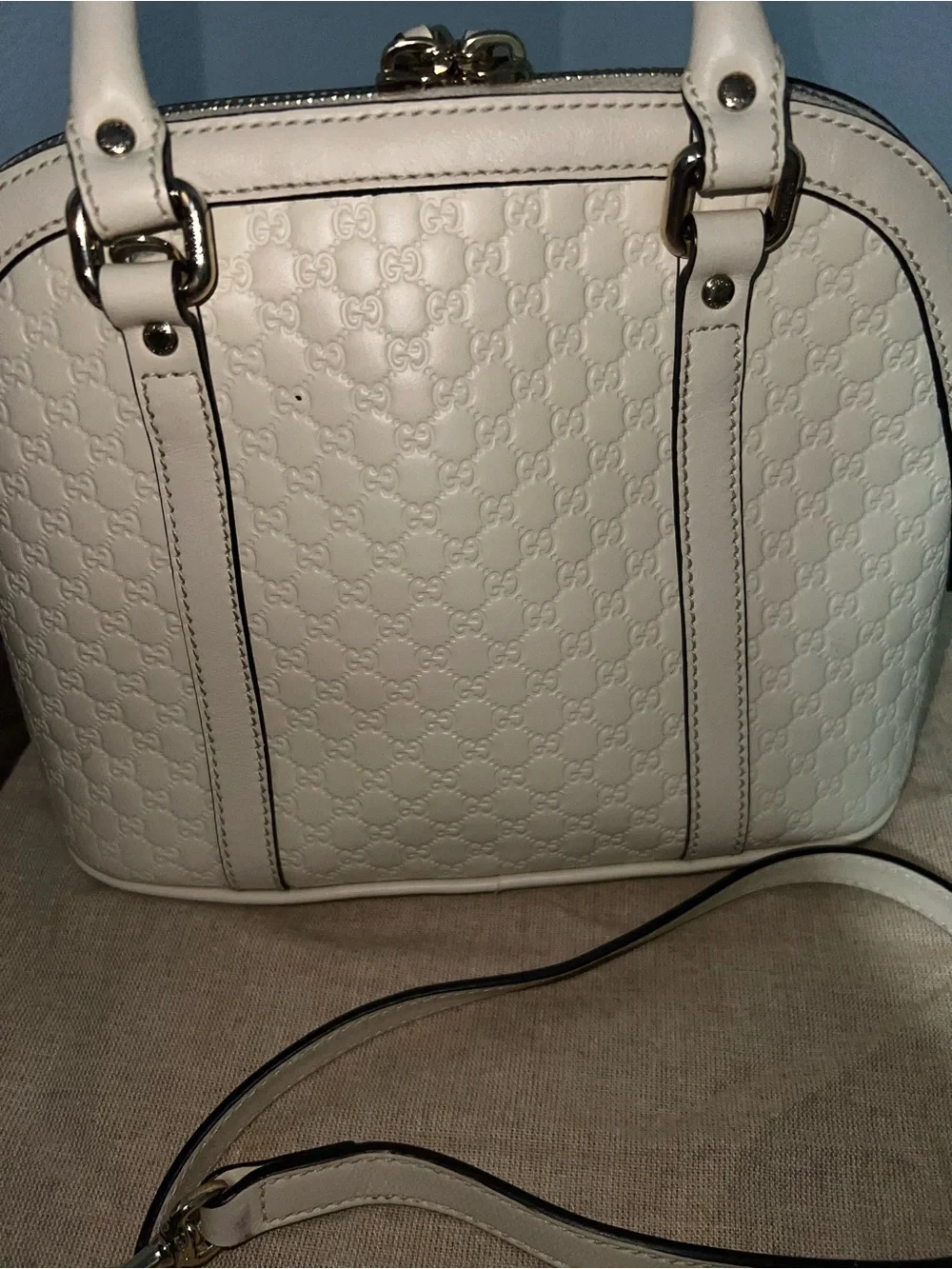Gucci White Embossed Leather Satchel with Detachable Strap